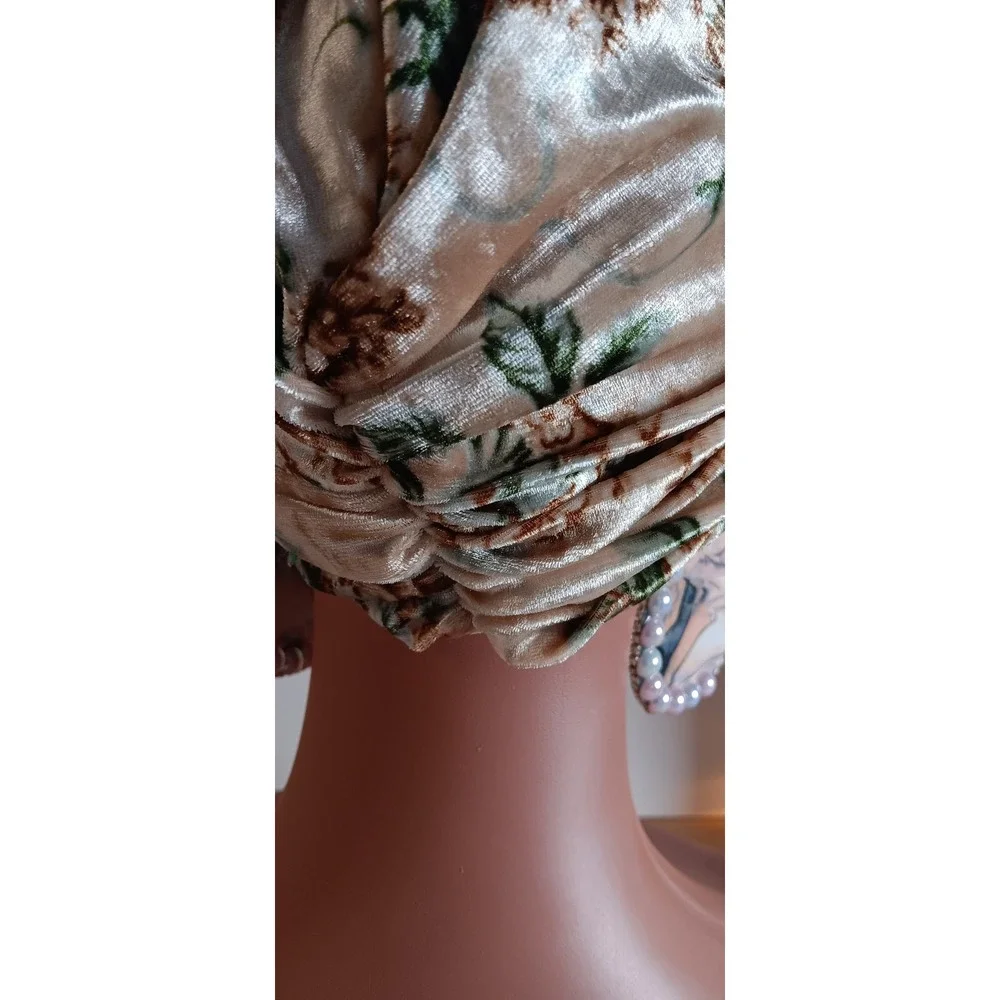 Brown Floral Velvet Front Twist Modest Bohemian Headpiece Hijab Cap Turban